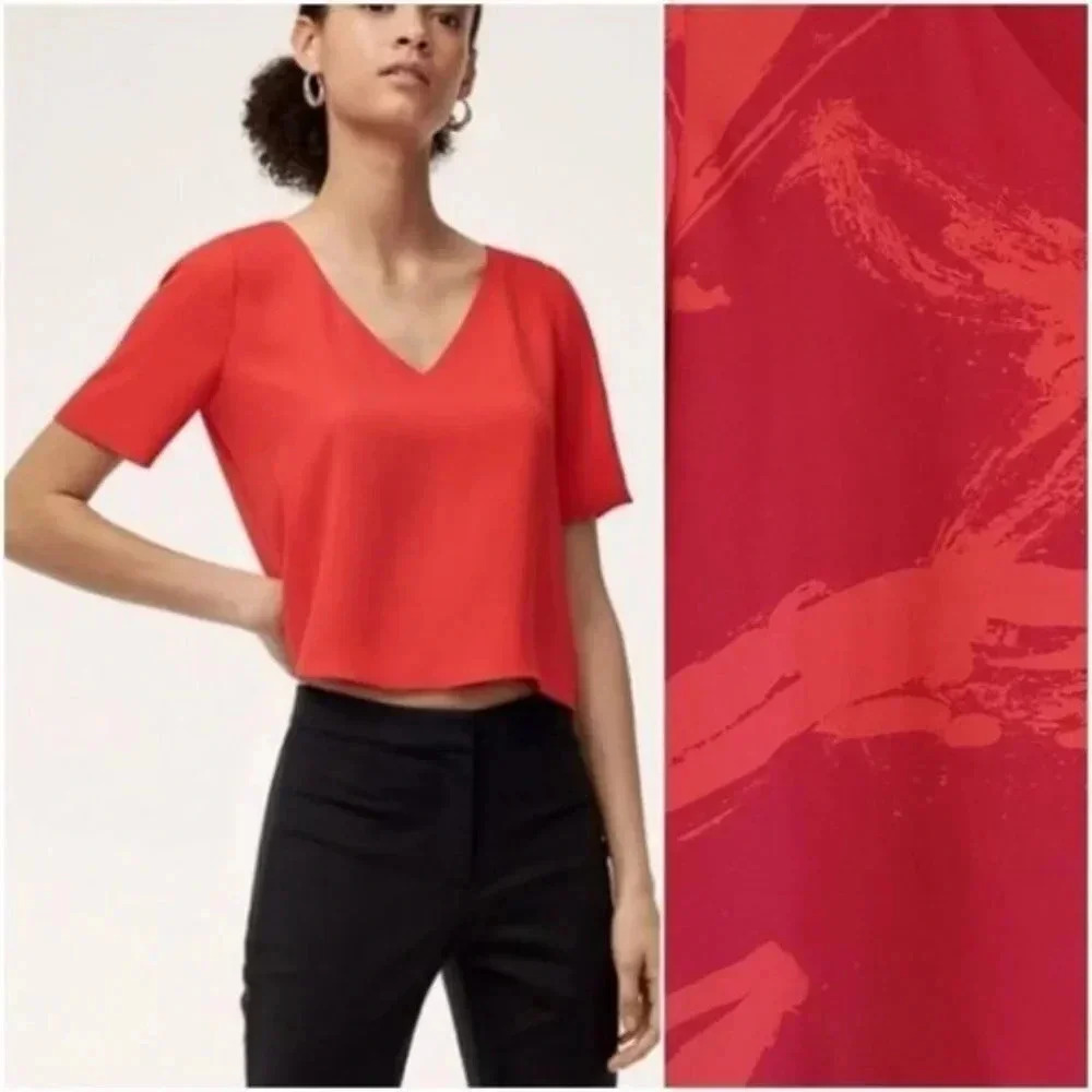 Aritzia Babaton Randy Blouse red abstract print XS